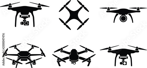 Drone quadcopter silhouette collection with camera UAV aerial vehicle icons isolated vector design set
