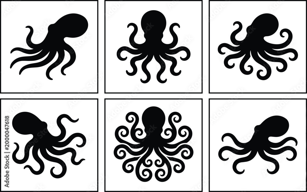 Obraz premium Octopus silhouette set with decorative tentacle variations in bold black vector marine design collection