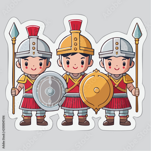 Cute Cartoon Roman Soldiers with Shields and Spears