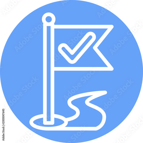 Blue circle with a white flag on a pole and a winding path