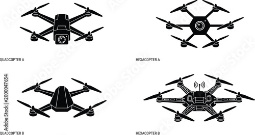 Quadcopter and hexacopter drone silhouettes with camera UAV aerial vehicle vector illustration set