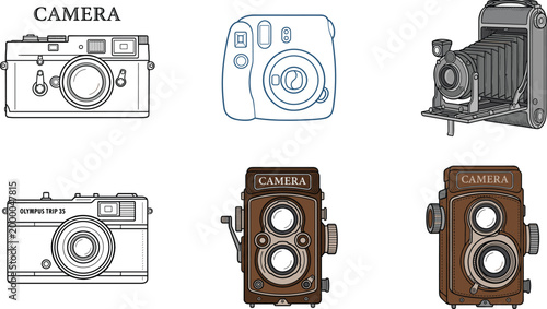 Vintage and modern camera illustration set with retro film instant and folding photography equipment collection