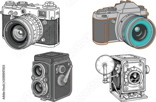 Vintage and modern camera illustration set with detailed photography equipment in line art and retro style
