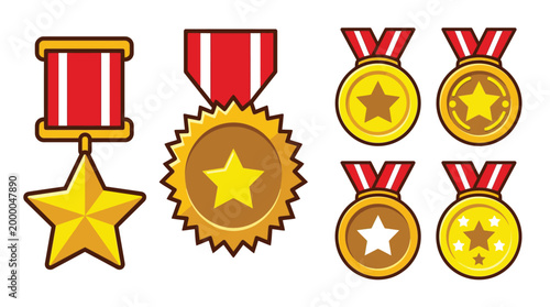 Gold Medals and Star Awards Vector Set for Achievement and Success Ranking Icons