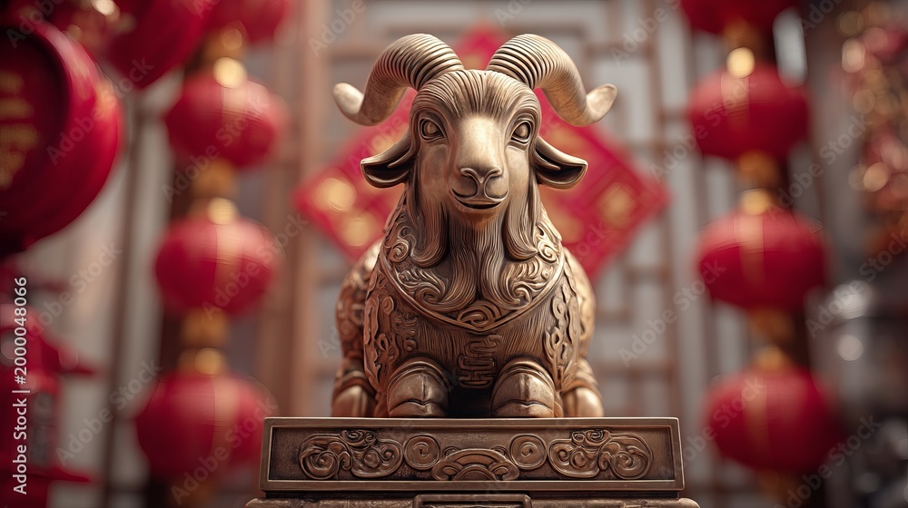 Fototapeta premium Exquisite Goat Statue Adorned with Traditional Engraved Patterns and Details