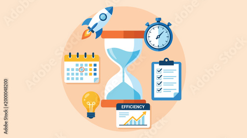 Project Management and Business Productivity Concept with Time Efficiency and Growth Icons Flat Illustration