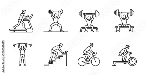 Detailed Fitness and Bodybuilding Exercise Line Icon Collection