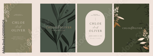 Green Luxury Wedding Invitation set,  invite thank you, rsvp modern card Design in line art leaf greenery branches  decorative Vector elegant rustic  plus social media template 