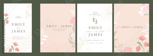 Pastel Luxury Wedding Invitation set,  invite thank you, rsvp modern card Design in line art leaf greenery branches  decorative Vector elegant rustic  plus social media template 