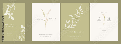 Green Luxury Wedding Invitation set,  invite thank you, rsvp modern card Design in line art leaf greenery branches  decorative Vector elegant rustic  plus social media template 
