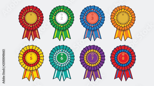 Set of colorful award ribbons and prize rosettes for competition winners and ranking achievement recognition icons