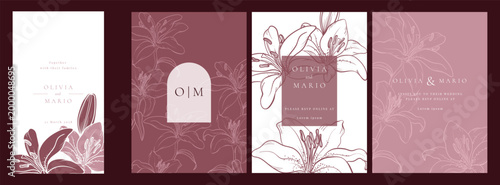 Pastel Luxury Wedding Invitation set,  invite thank you, rsvp modern card Design in line art leaf greenery branches  decorative Vector elegant rustic  plus social media template 