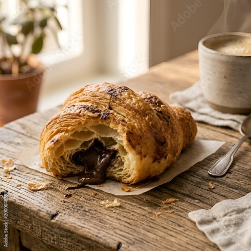 Indulgent Sliced Croissant with Gooey Chocolate Filling and Coffee