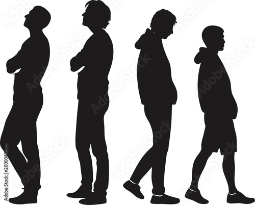 Silhouettes of Men Standing in Line with Different Postures and Expressions