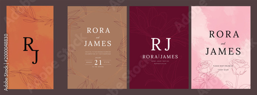 Luxury Wedding Invitation set,  invite thank you, rsvp modern card Design in line art leaf greenery branches  decorative Vector elegant rustic  plus social media template 