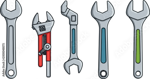 set of colorful adjustable wrenches isolated on white background vector illustration