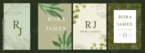 green Luxury Wedding Invitation set,  invite thank you, rsvp modern card Design in line art leaf greenery branches  decorative Vector elegant rustic  plus social media template 