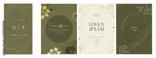 Green Luxury Wedding Invitation set,  invite thank you, rsvp modern card Design in line art leaf greenery branches  decorative Vector elegant rustic  plus social media template 