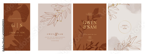 Luxury Wedding Invitation set,  invite thank you, rsvp modern card Design in line art leaf greenery branches  decorative Vector elegant rustic  plus social media template 