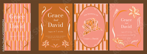 Pink Luxury Wedding Invitation set,  invite thank you, rsvp modern card Design in line art leaf greenery branches  decorative Vector elegant rustic  plus social media template 