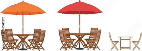 Outdoor Patio Furniture Set with Wooden Table, Chairs, and Umbrella in Red and Orange for Garden, Dining, and Outdoor Design Projects