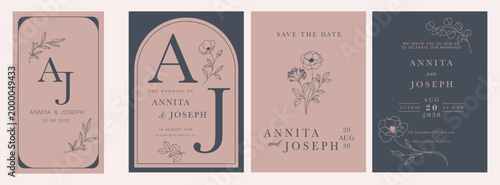 Luxury Wedding Invitation Pink and blue set,  invite thank you, rsvp modern card Design in  leaf greenery branches  decorative Vector elegant rustic  plus social media template 