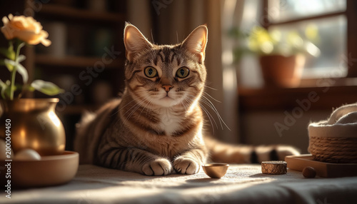 Plump Grey Cat on Wooden Table in Village House Kitchen, Domestic Animal Still Life