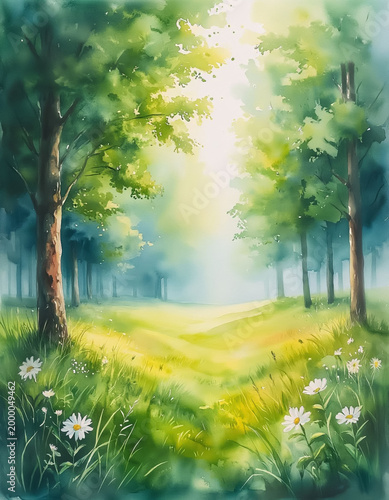 Watercolor Painting of a Summer Forest in Good Weather with Bright Greenery