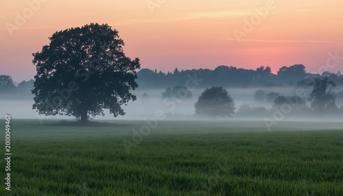Early Morning Fog Over a Field at Dawn, Soft Mist Rising Above the Grass