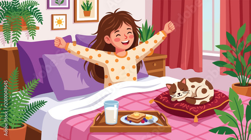 Happy Young Girl Waking Up in Cozy Bedroom Stretching with Breakfast Tray and Sleeping Cat Illustration