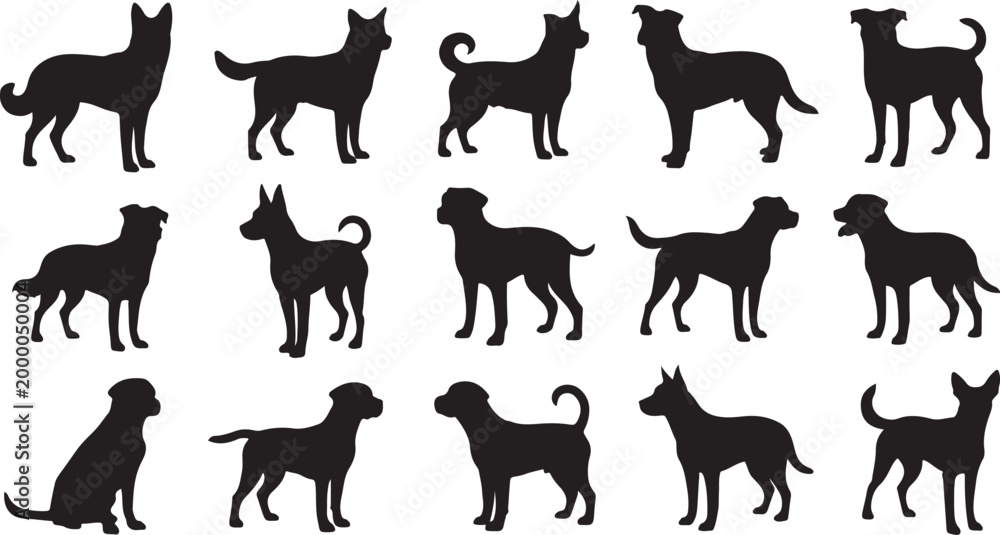 Obraz premium Black silhouettes of dogs in various poses dog silhouettes