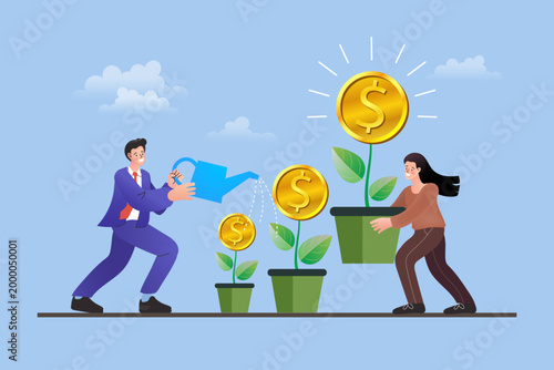 Financial investment growth and wealth management concept with people watering money tree