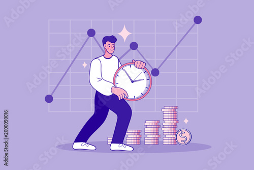 Businessman holding a large clock with rising line graph and stacks of coins representing time management financial growth wealth accumulation and investment strategy on purple background