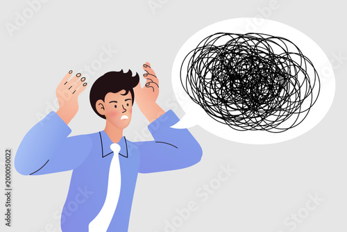 Stressed businessman with tangled thoughts in speech bubble for mental health concept