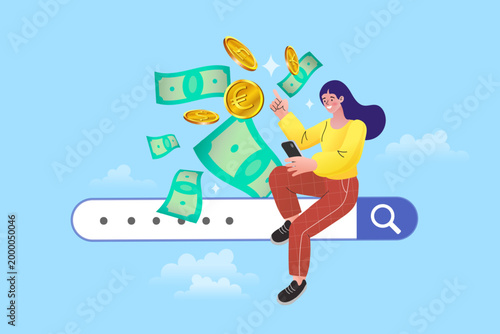 Search engine marketing and online money making concept with woman and smartphone