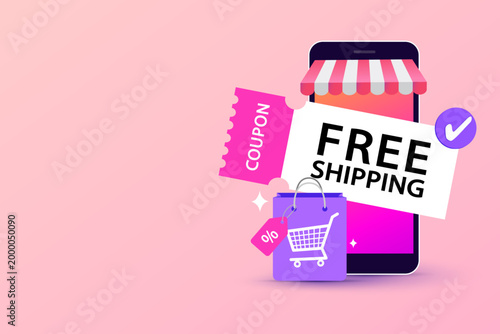Online store on mobile phone with free shipping banner and discount coupon representing e-commerce marketing strategy special offer and digital shopping convenience on pink background
