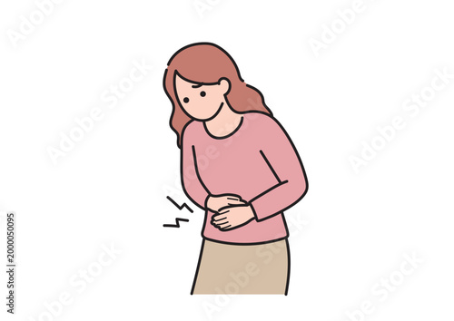 腹痛や胃痛で体調不良の女性のイラスト 線あり アウトライン ベクター