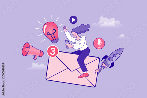 Email marketing promotion and digital communication concept with woman and social media icons