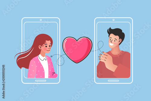 Online dating and long distance relationship concept with couple connecting via smartphone and heart icon
