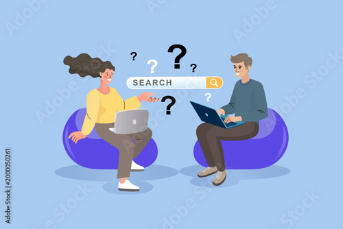 People searching for information online with laptops and search bar interface concept