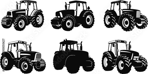 Farm tractor silhouette collection with various agricultural machinery designs in black and white vector style