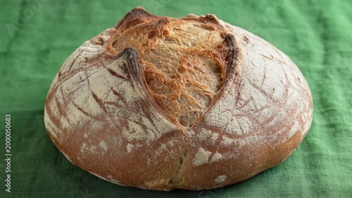 Artisan Sourdough Bread Loaf with Golden Crust on Green Fabric.