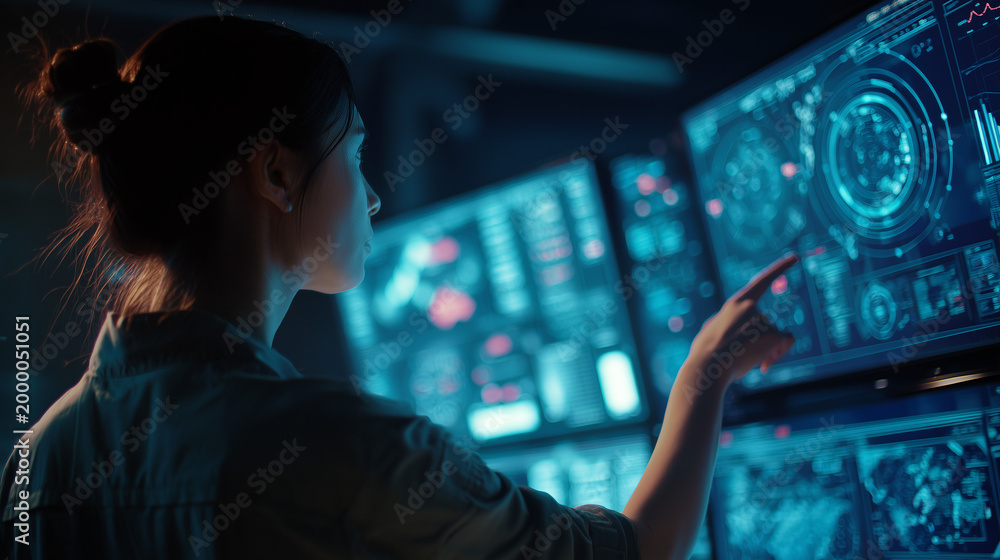 Naklejka premium Woman interacting with futuristic digital interface in dark room with glowing screens ideal for technology concepts, innovation, data analysis and ui design