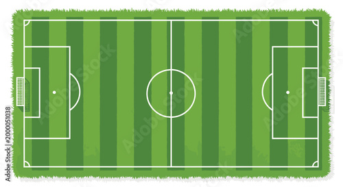 An overhead perspective of a soccer field with white boundary lines, goal areas, and a central circle.