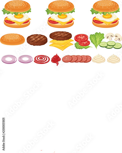 Burger Construction Kit with Fresh Ingredients Including Beef Patty, Fried Egg, Cheese, Lettuce, Tomato, Onion, and Sauces for Fast Food Menu and Restaurant Graphic DesignsBurger Construction Kit with