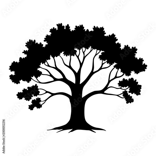 Oak silhouette towering over grass, broad canopy and thick trunk with sprawling roots, high contrast black shape conveys calm stability and parkland serenity