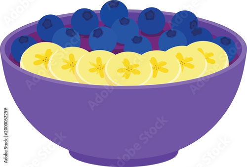 Vibrant purple bowl filled with healthy breakfast cereal topped with fresh sliced yellow bananas and juicy dark blue blueberries offering a nutritious and delicious start to the day