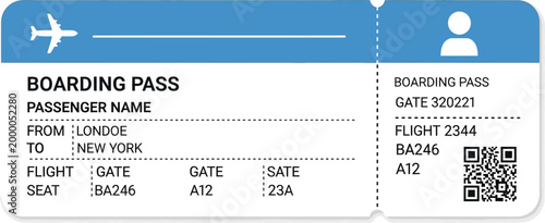 Modern blue and white boarding pass for air travel showing flight details from london to new york gate number seat assignment and qr code for digital check in representing journey