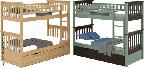 Two wooden bunk bed frames for children featuring a natural light wood finish and a modern grey and brown two-tone design with storage drawers.