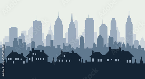 Modern City Skyline Silhouette Vector Set: Skyscrapers, Buildings, and Residential Houses Horizon